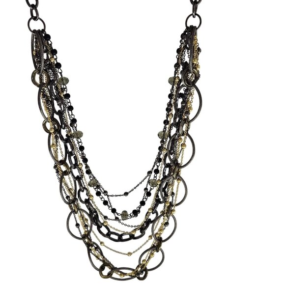Boho Chic Mixed Metal Chain Necklace Multi Layered Statement Black Beads Jewelry - Picture 1 of 6